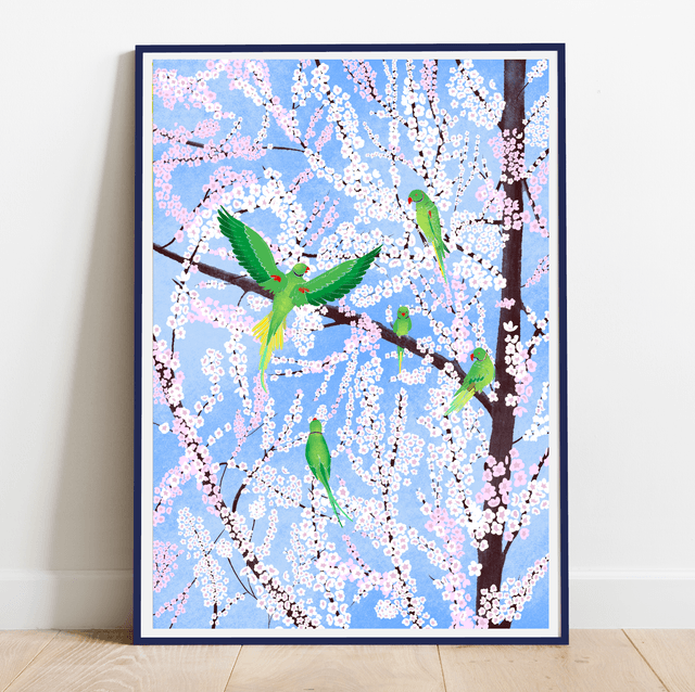 Cherry Blossoms with Parakeets, blue