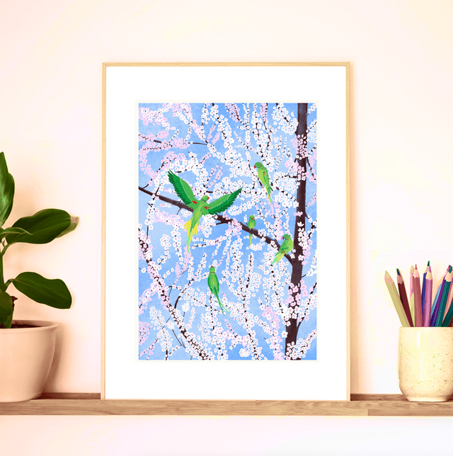 Cherry Blossoms with Parakeets, blue